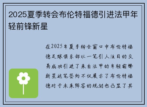 2025夏季转会布伦特福德引进法甲年轻前锋新星