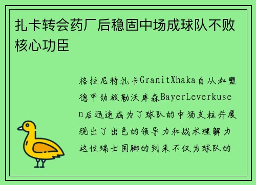 扎卡转会药厂后稳固中场成球队不败核心功臣 扎卡转会药厂后稳固中场成球队不败核心功臣